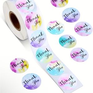 Roll of 500 Thank You Stickers Blue Purple Pink Yellow